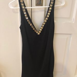 Posh Black Embellished V Neck Mini Dress